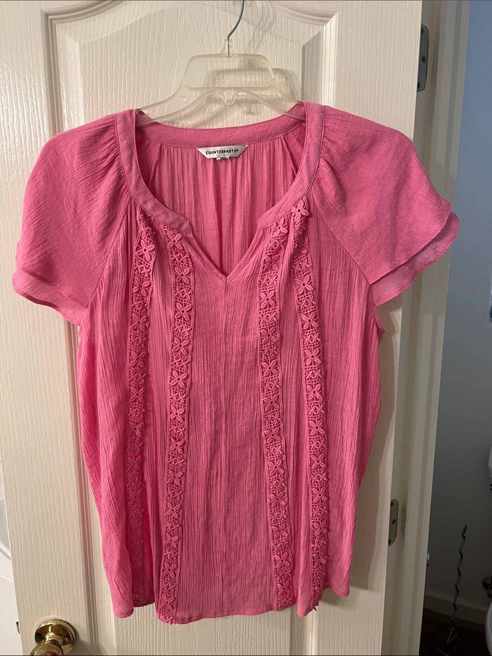 Counterparts Bright Pink Crochet-Trim V-Neck Blouse